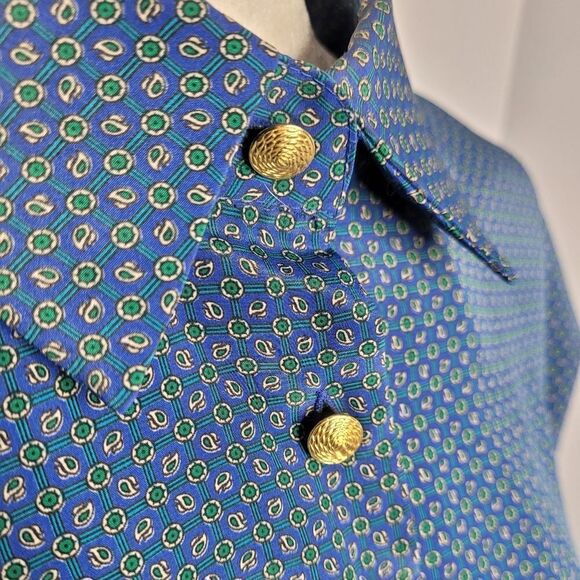 VINTAGE 80s dress blue‎ pleated paisley button up midi L - Picture 4 of 9